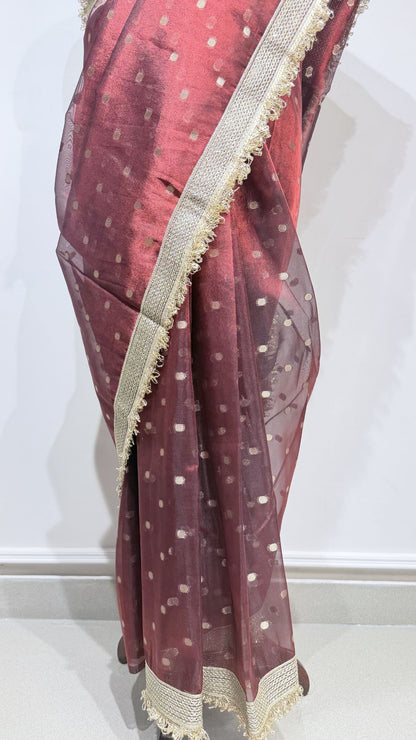 Red Tissue Saree with Lace Border