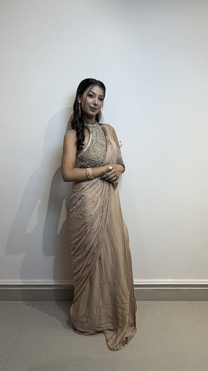 Champagne Gold Designer Draped Saree