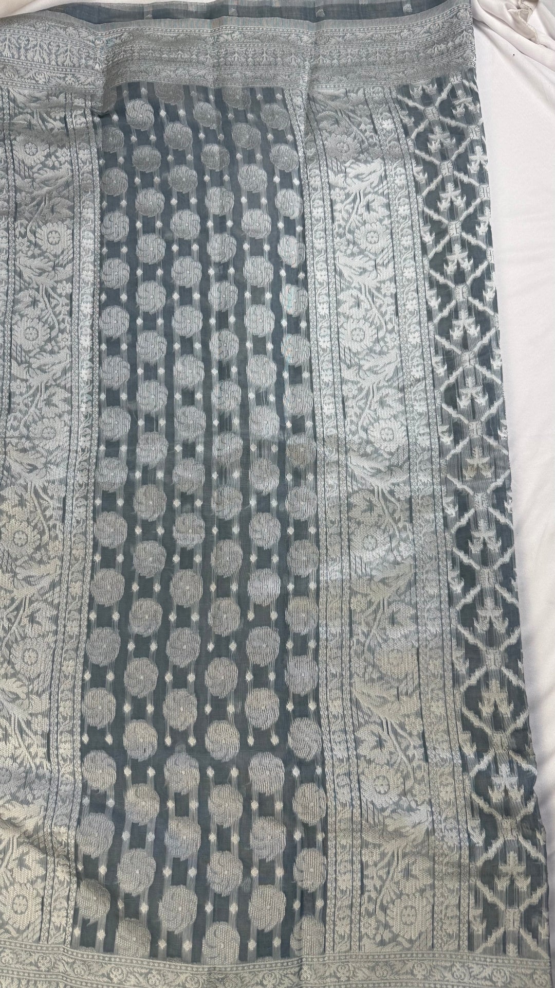 banarashe Grey & White Handloom Banarasi Cotton Saree with Tribal & Animal Motifs