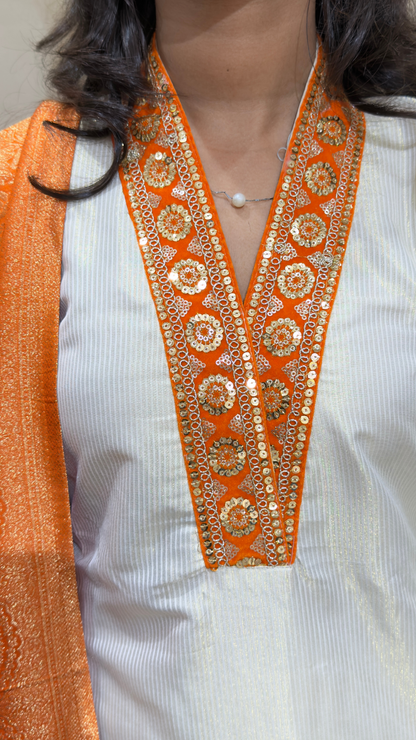 Premium Ivory & Orange Embroidered Straight Kurta With Statement Dupatta Set