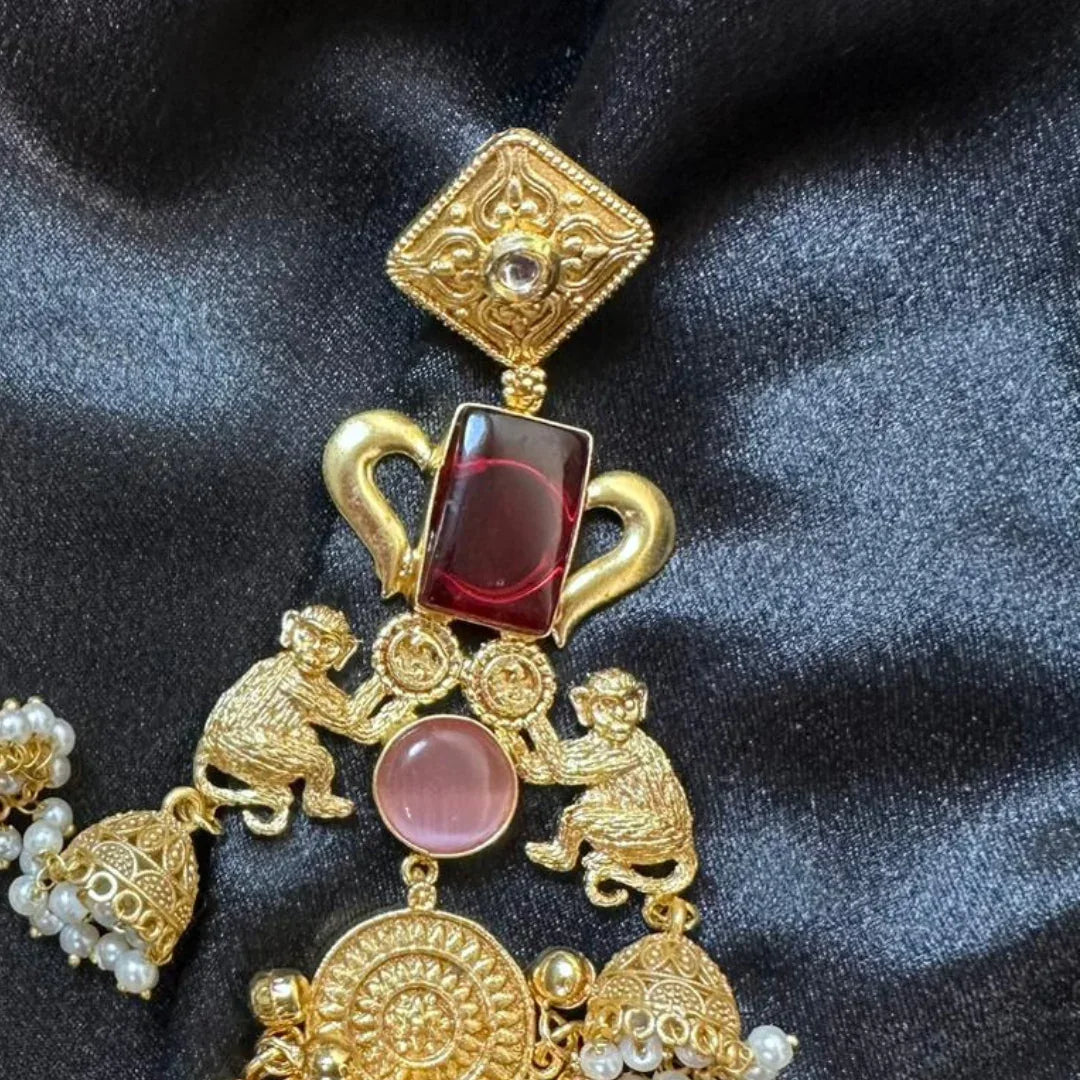 Banarashe Heritage Temple Earrings Red & Pink Gemstone - Baranashe - Banarashe Heritage Temple Earrings Red & Pink Gemstone