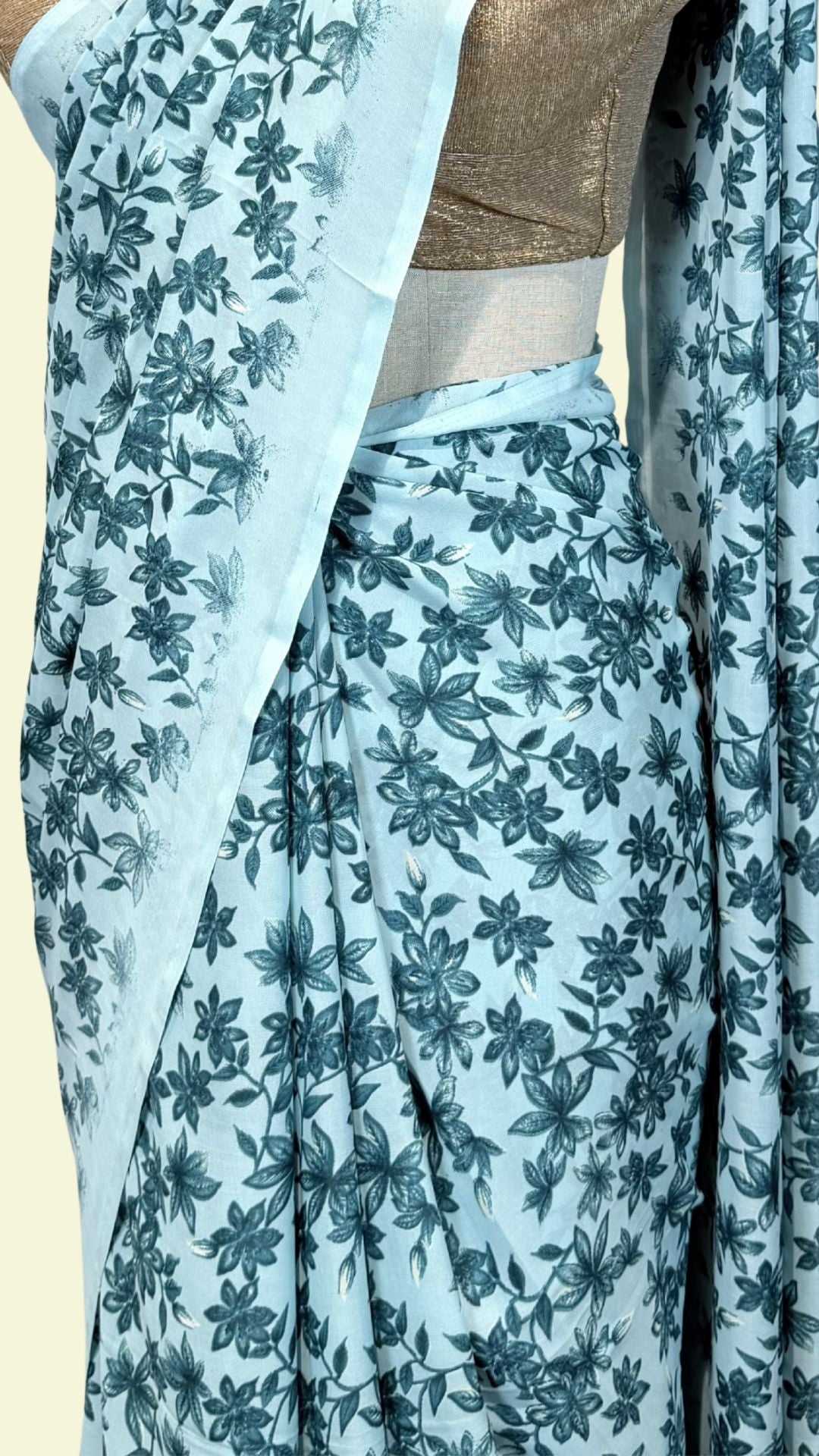 Elegant Blue Floral Print Saree | Lightweight Synthetic