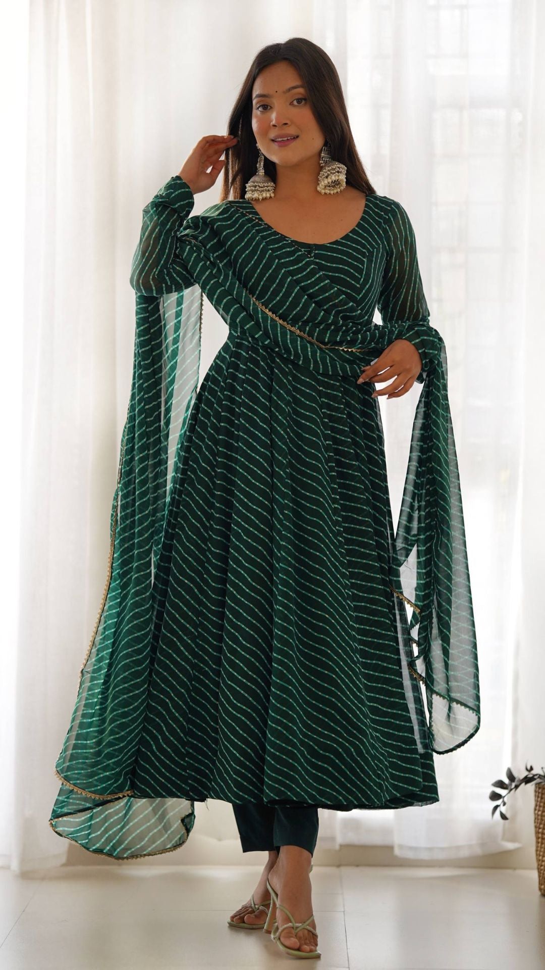 Bottle Green Laheriya Print Anarkali Suit Set with Dupatta