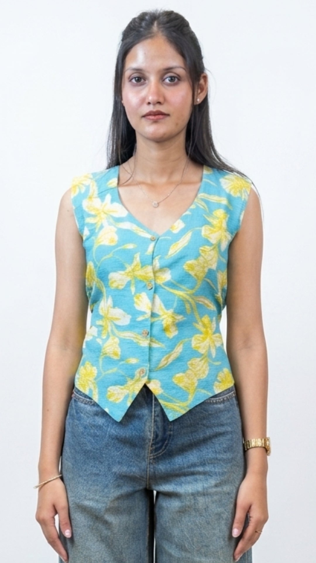 Banarashe Printed Cotton V-Neck Waistcoat Top