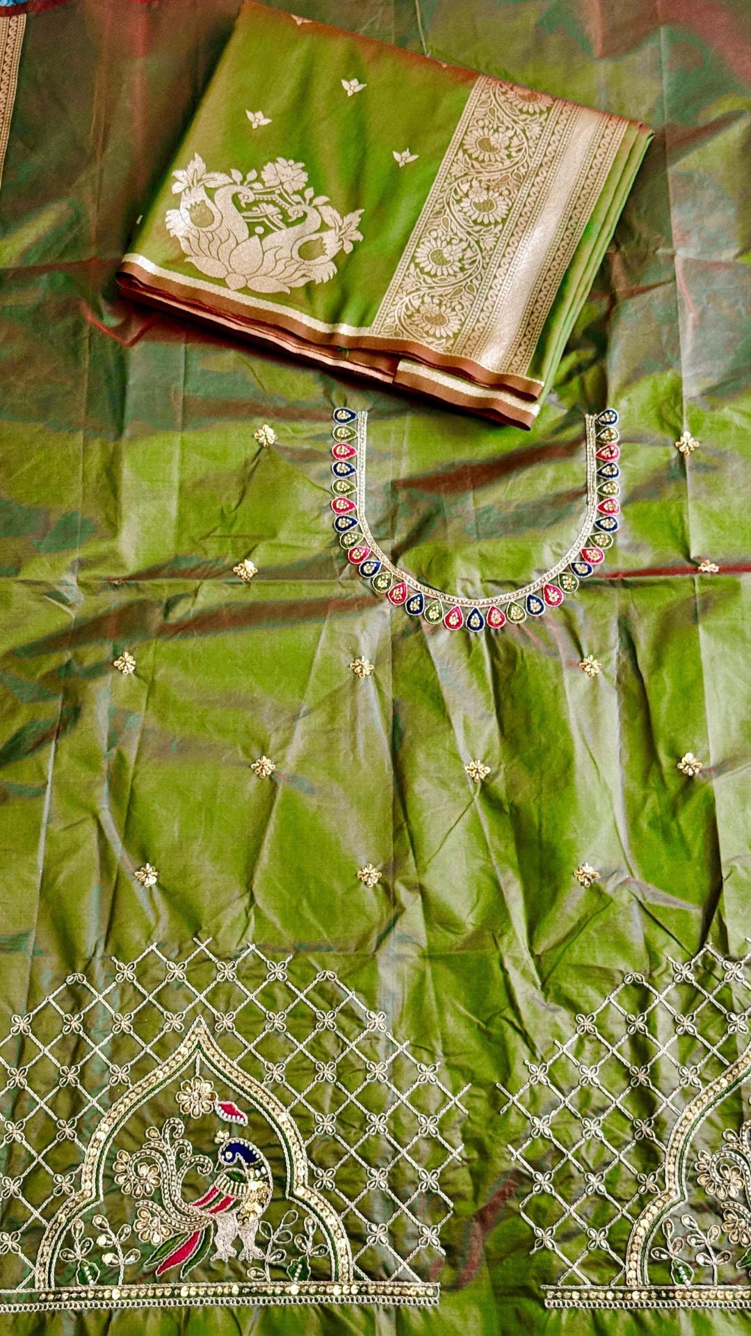 Dual Tone Olive Paithani Saree with Rich Zari & Designer Aari Work Blouse