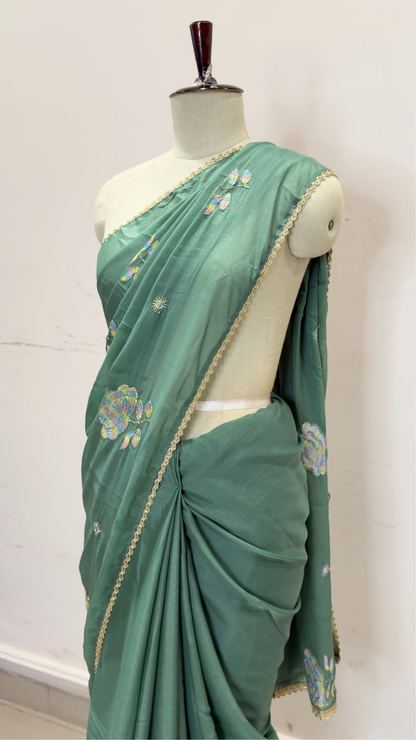 Banarashe Green Embroidered Saree with Multicolour Floral Motifs & Delicate Gold Lace Border