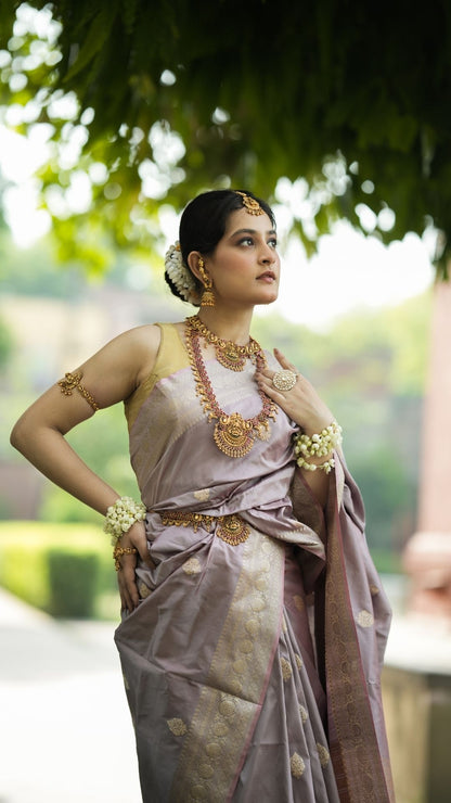 Pure Silk Handloom Kadhwa Zari Booti Saree – Rose Taupe Elegance