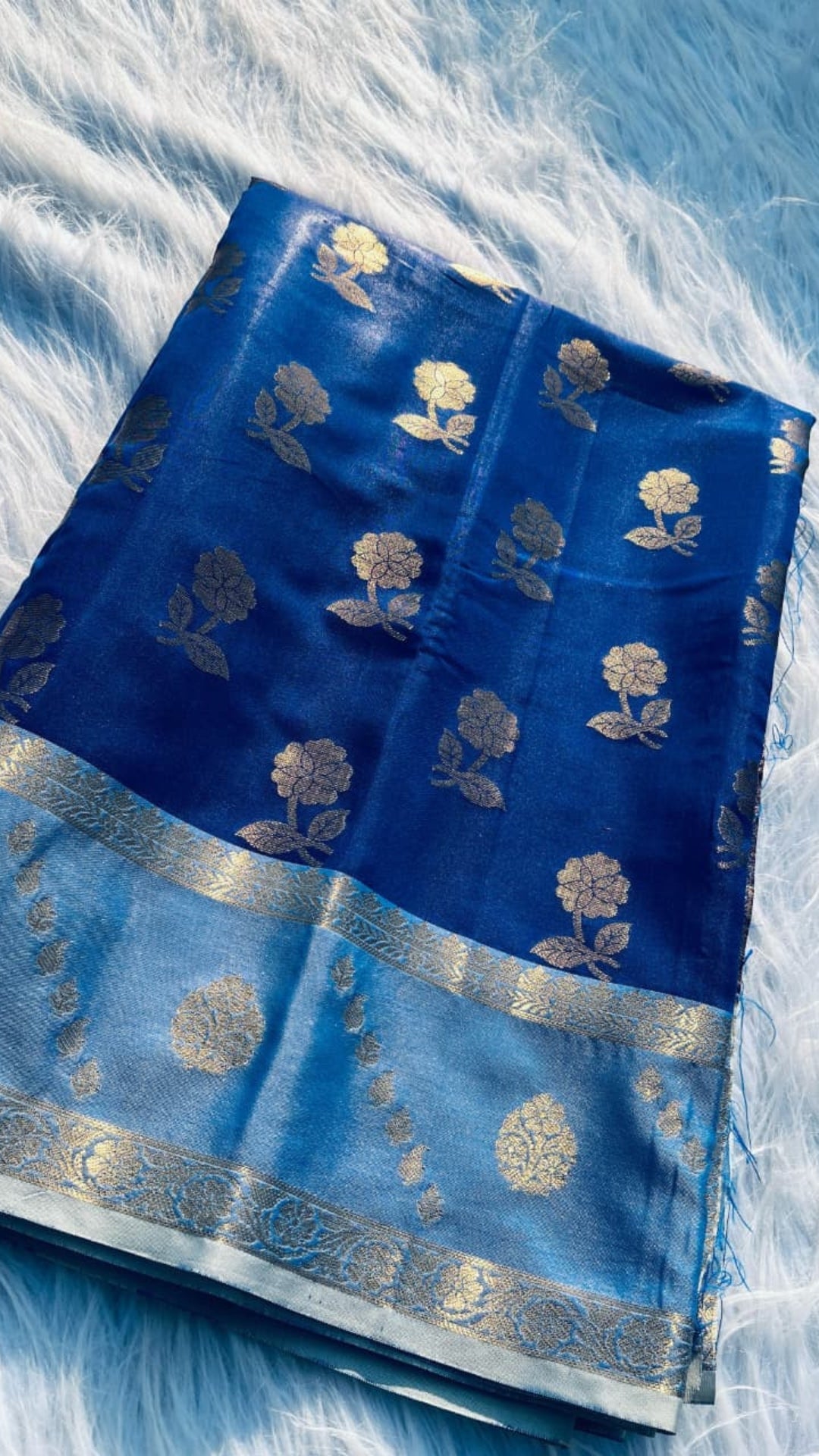 Royal Blue Soft Silk Double Zari Saree - Elegant Rose Pot Design