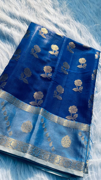 Royal Blue Soft Silk Double Zari Saree - Elegant Rose Pot Design