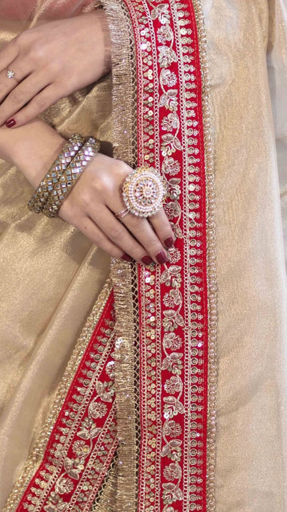 Banarasi Pure Soft Tissue Silk Saree in Radiant Gold & Crimson Red