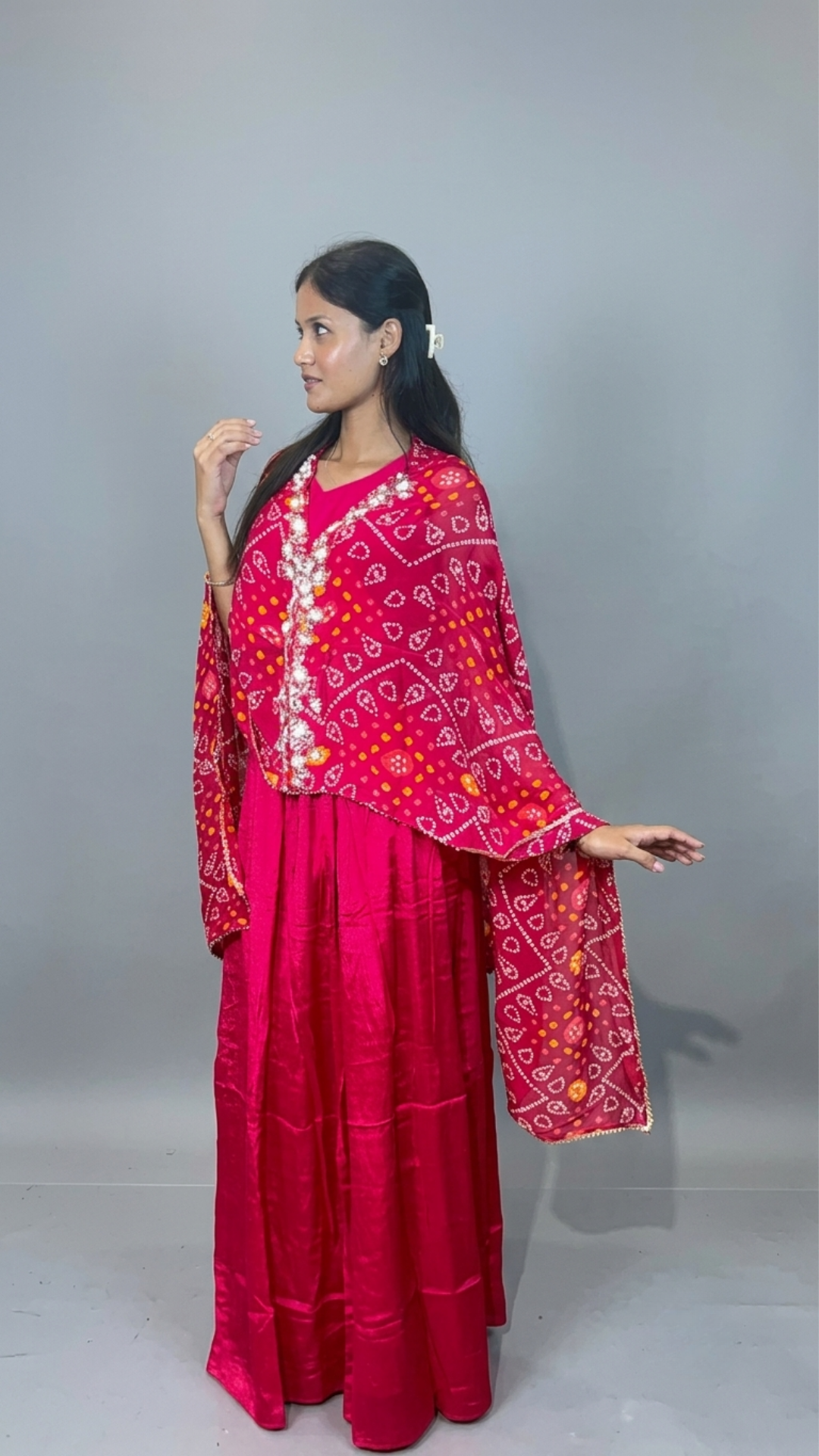Banarashe Women’s Hot Pink Bandhani Printed Dupatta with Embroidered Border & Flared Ethnic Set