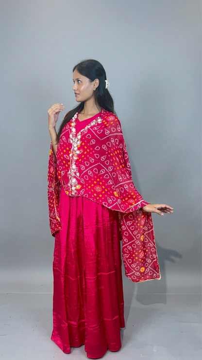 Banarashe Women’s Hot Pink Bandhani Printed Dupatta with Embroidered Border & Flared Ethnic Set