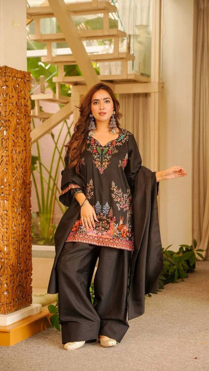 Black Printed Salwar Suit with Dupatta for Women
