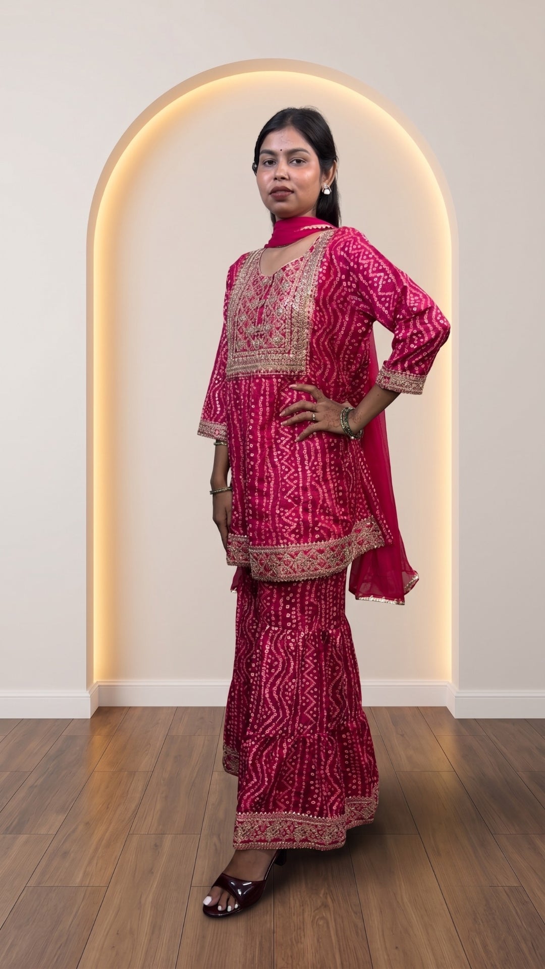 Pink Soft Cotton Bandhani Printed Embroidered Gharara Suit Set