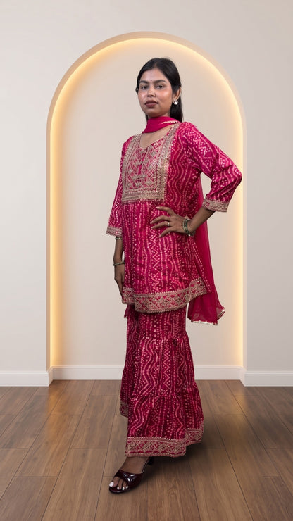 Pink Soft Cotton Bandhani Printed Embroidered Gharara Suit Set