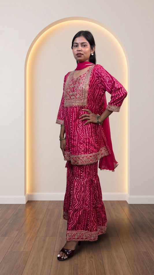 Pink Soft Cotton Bandhani Printed Embroidered Gharara Suit Set
