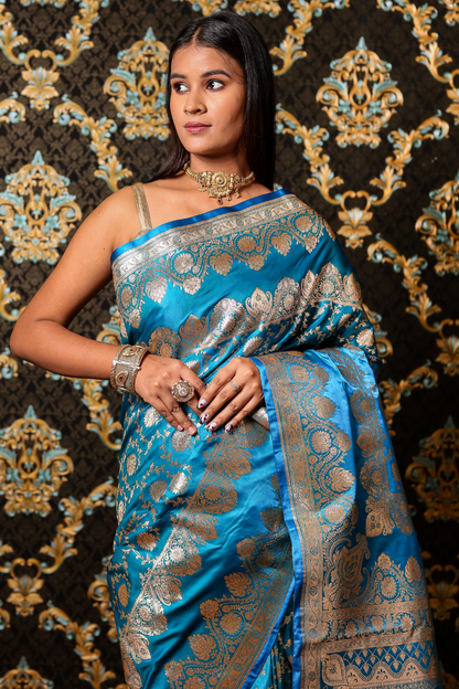 Azure Bloom Banarasi Silk Saree with Silver Zari Elegance