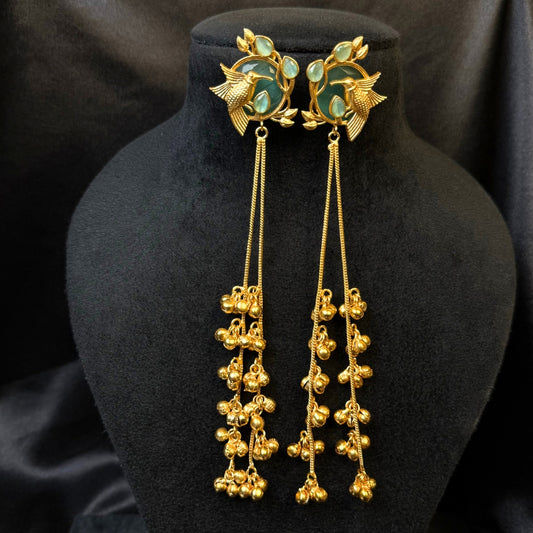 Kashmiri Traditional Gold-Plated Dangler Earrings With Sea Green Beads