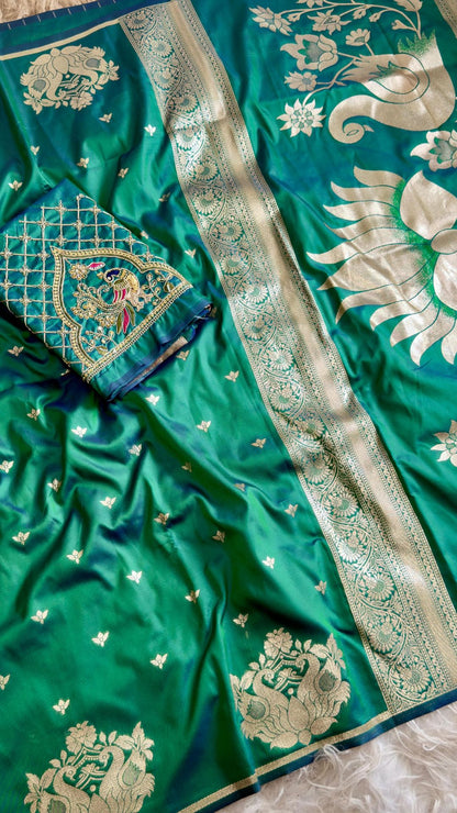 Emerald Green Paithani Silk Saree with Peacock Motifs & Aari Blouse