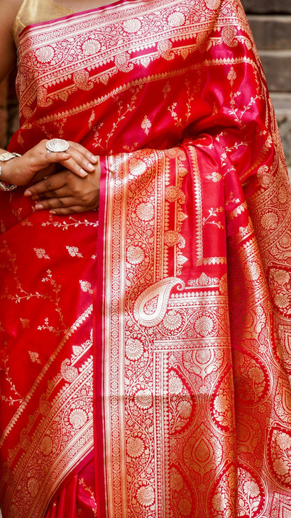Pure Banarasi Red Flame Katan Silk Saree