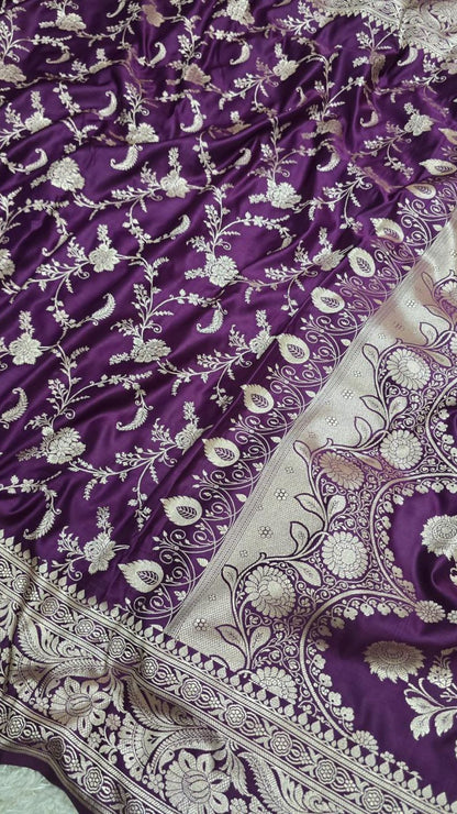 Royal Purple Banarasi Mashroo Katan Silk Saree with Allover Jaal Weaving
