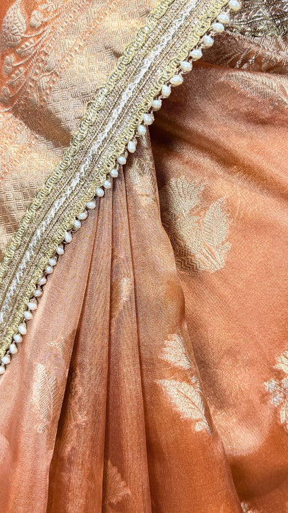 Orange Tissue Saree with Moti Lace Border