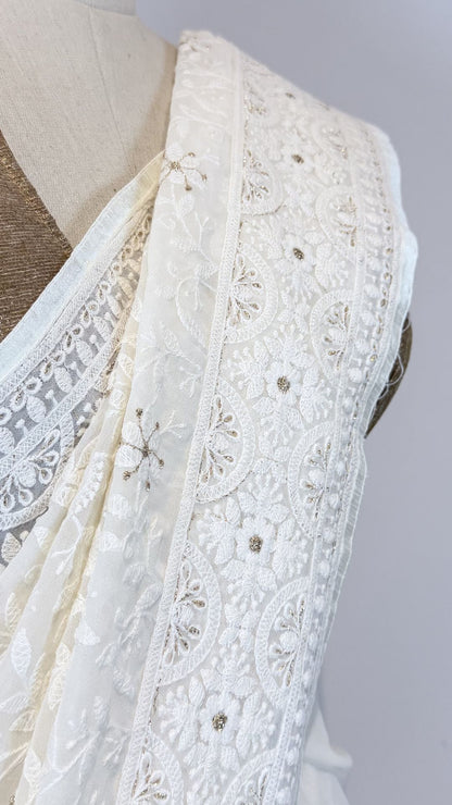 White Semi Chikankari Embroidered Saree for Women