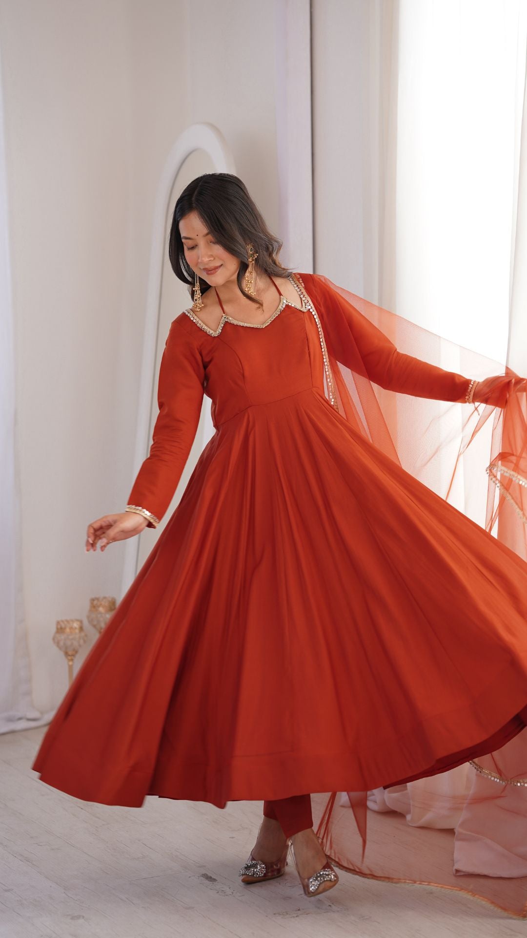 Rust Roman Silk Chanderi Anarkali Set