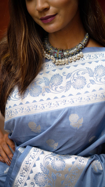 Silver Deep Skyblue Katan Soft Silk
