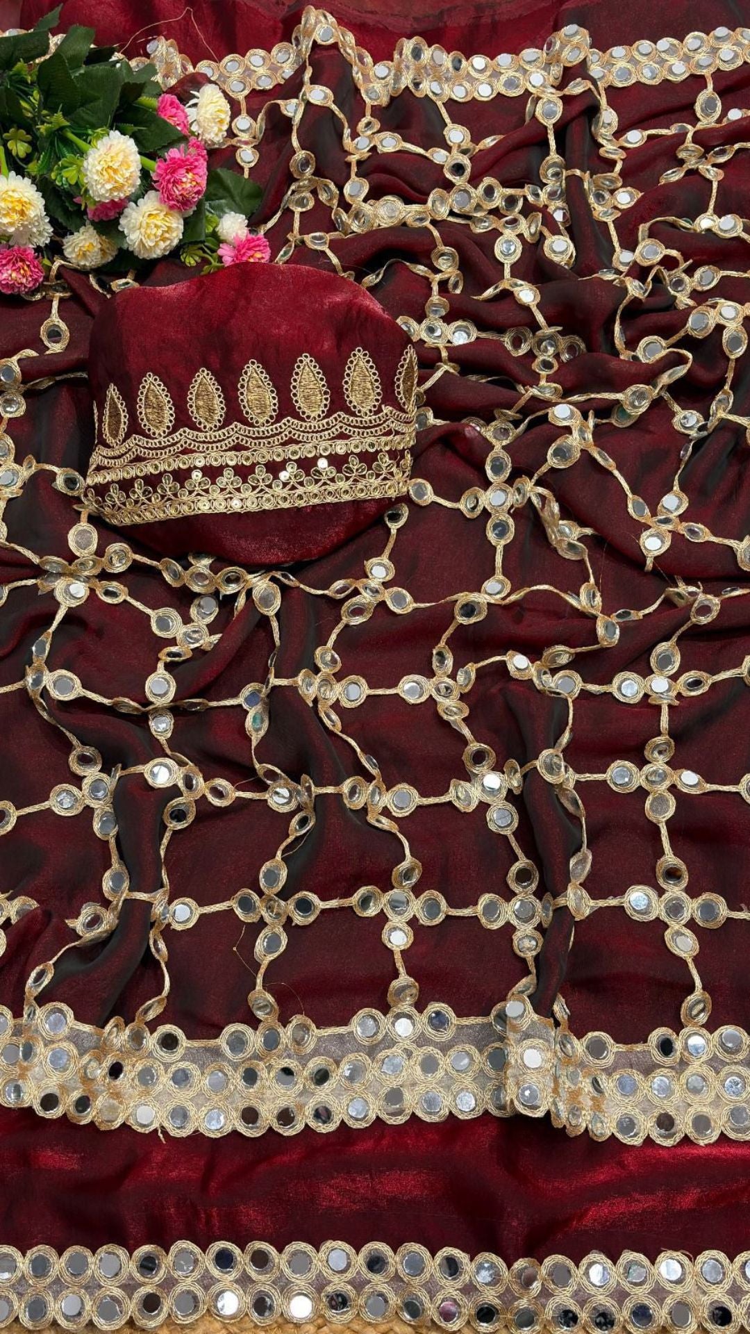 Wine Mirror Work Satin Silk Saree with Designer Blouse