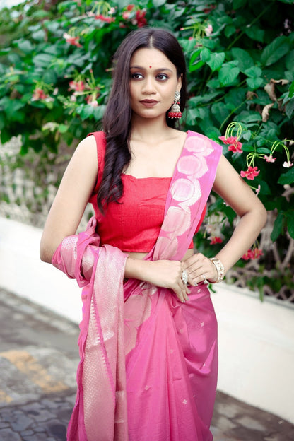 Sparkle Bright Pink Katan Mashru Silk Saree