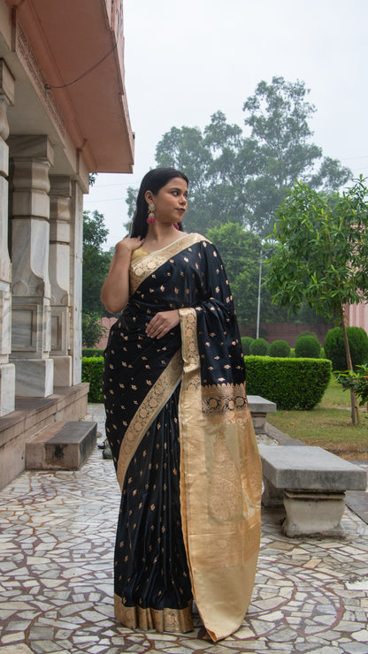Black and Gold Border Katan Mashru Silk Saree