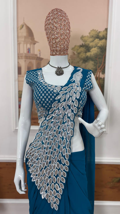 Teal Faux Georgette Ready-to-Wear Drape Saree