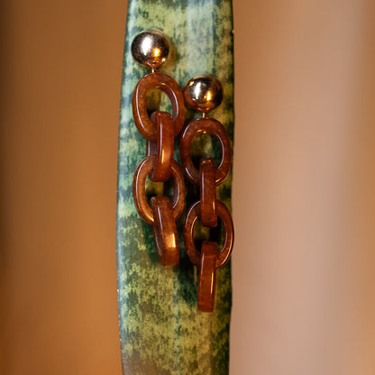 Brass Metal Top Earrings with Brown Resin Epoxy Ring Design