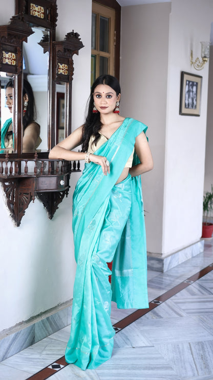 Bright Sky Blue Katan Mashru Silk Saree