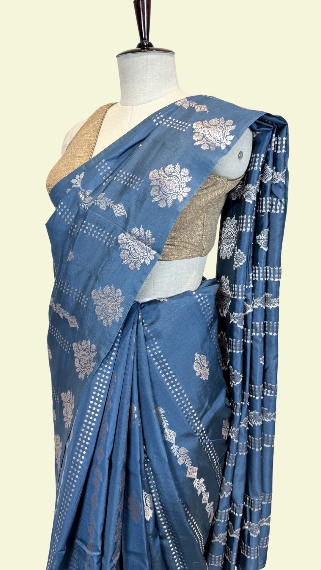 Blue Raw Mango Silk Saree with Silver Zari Floral Weaving