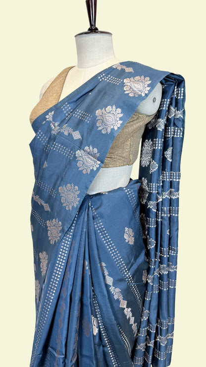 Blue Raw Mango Silk Saree with Silver Zari Floral Weaving