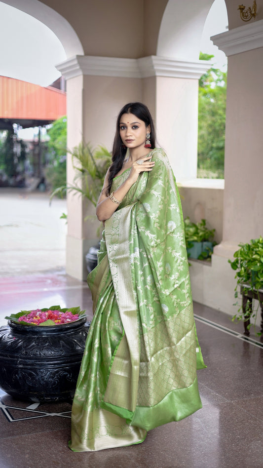 Parrot Green Katan Mashru Silk Saree