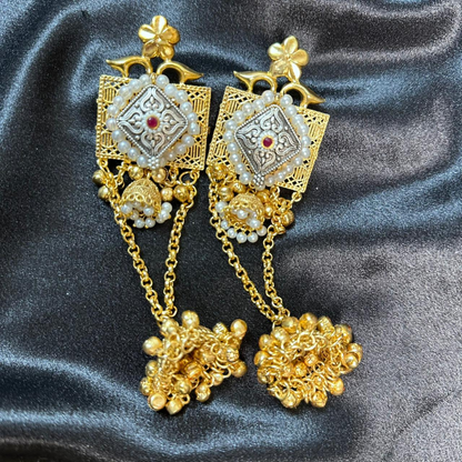 Kashmiri Antique Brass Long Chain Earrings with Pearl Detailing
