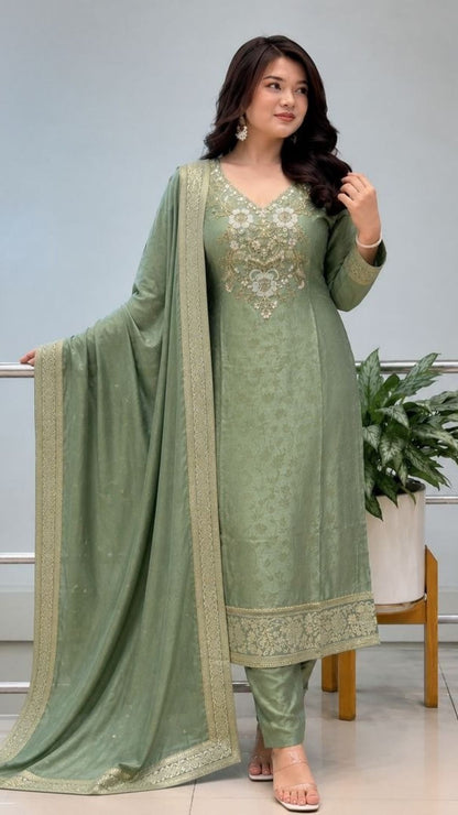Women’s Designer Tissue Suit Set with Handwork Neck