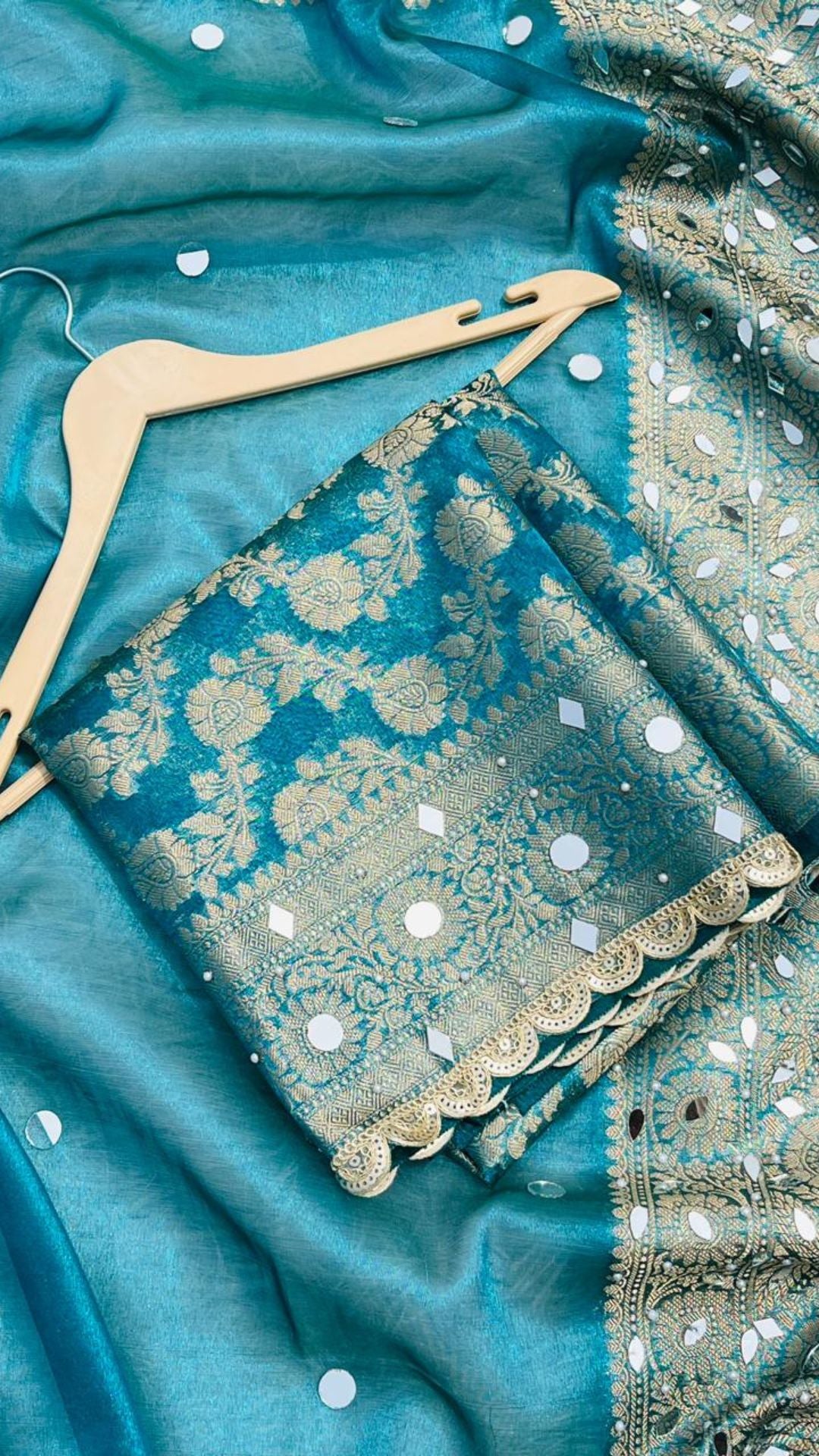 Royal Blue Tissue Saree with Heavy Mirror Work