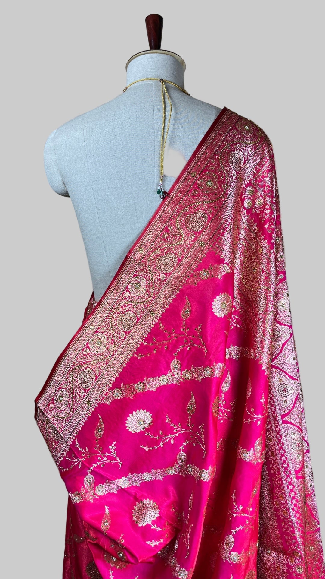 Elegant Pink Banarasi katan Silk Saree with Gold Zari Floral Embroidery & Tassel Pallu