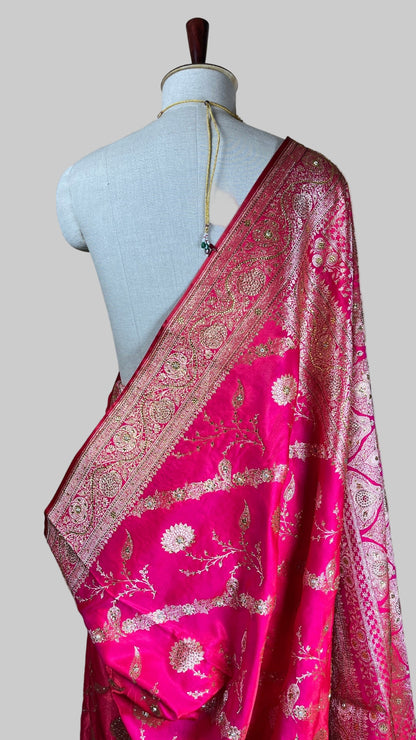Elegant Pink Banarasi katan Silk Saree with Gold Zari Floral Embroidery & Tassel Pallu