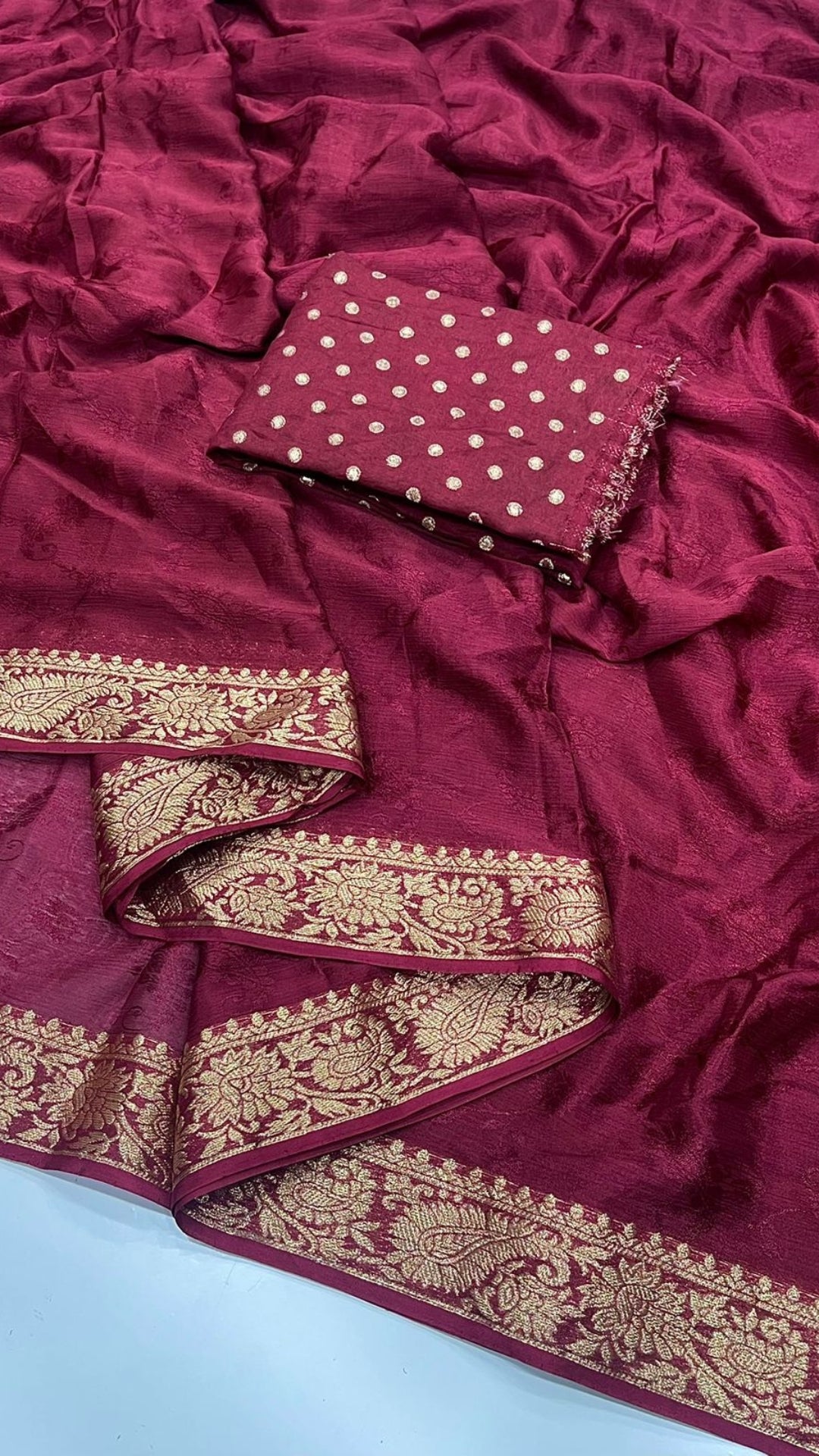 Wine Pure Chinon Chiffon Saree with Antique Zari Weaving Border