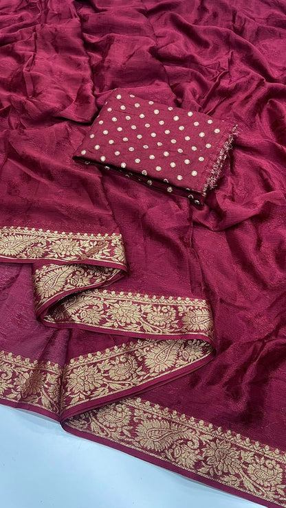 Wine Pure Chinon Chiffon Saree with Antique Zari Weaving Border