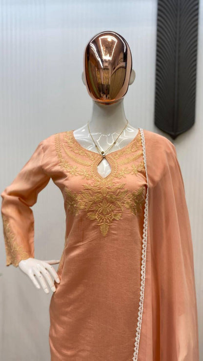 Elegant Roman Silk Embroidered Kurta Set with Pant & Dupatta (3-Piece Set)