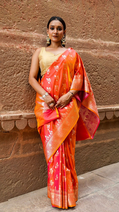 Orange Banarasi  SamI Silk Saree Saree
