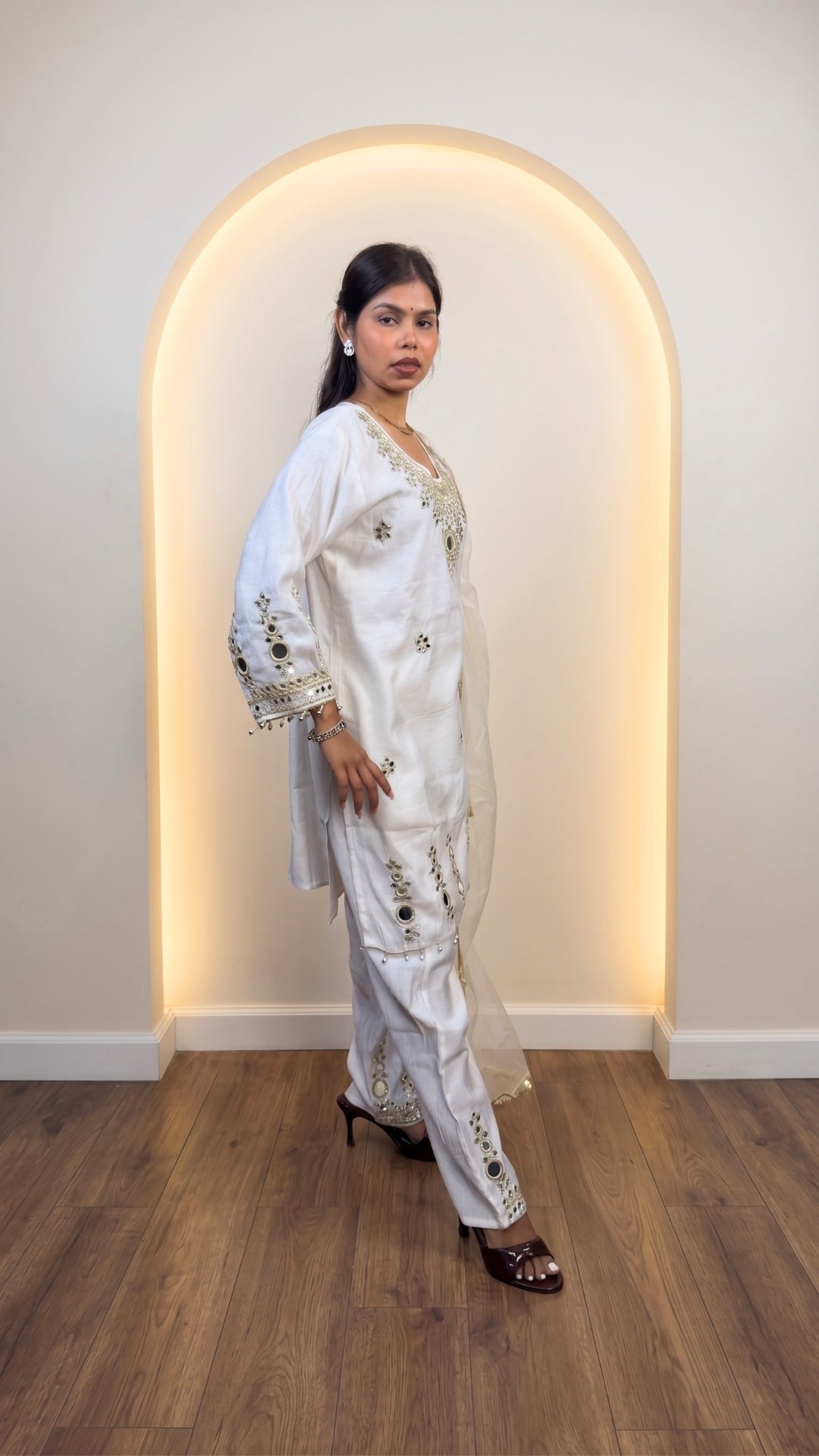 White Mirror Work Linen Cotton Suit Set with Dupatta
