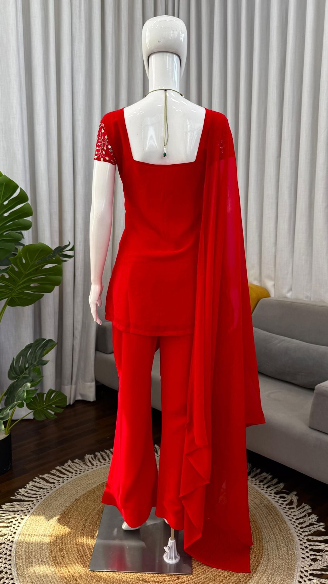 Royal Red Embroidered Georgette Suit Set with Bootcut Pants & Dupatta