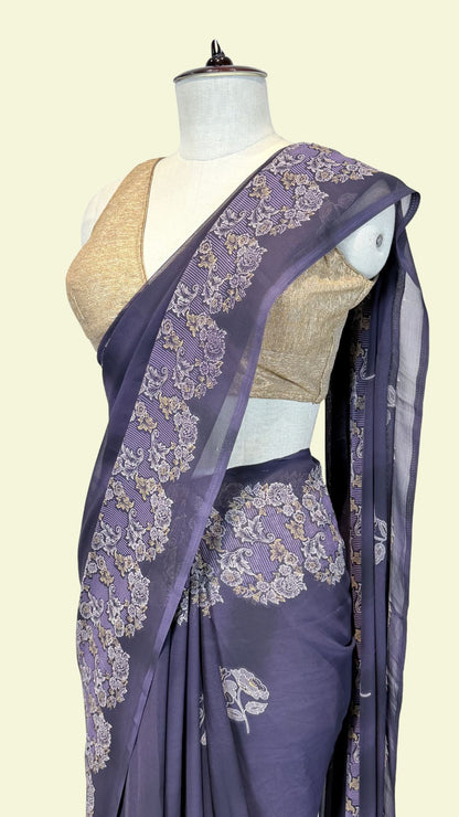 Midnight Blue Synthetic Printed Saree